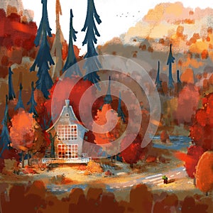 Hand drawn cozy house in autumn forest. Colorful fall landscape.