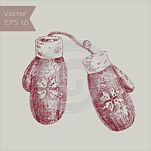 Hand drawn cozy illustration mittens. Creative ink art work. Actual cozy vector drawing. Winter gloves