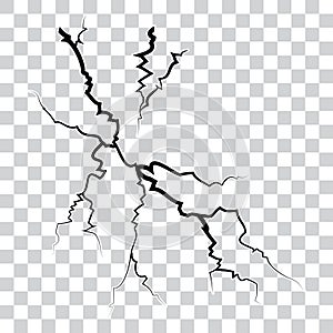 Hand drawn cracked glass, wall, ground. lightning storm effect. doodle break with transparant background