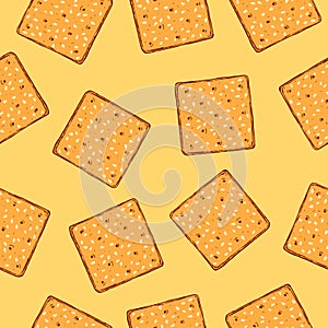 Hand drawn crackers with sesame seeds seamless pattern. Buscuit sketch repeat background. photo