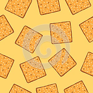 Hand drawn crackers with sesame seeds seamless pattern. Buscuit sketch vector repeat background.