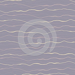 Hand-drawn cream grey horizontal doodle lines with painterly effect. Seamless vector pattern on pastel purple background