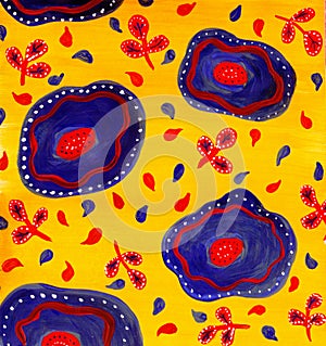 Hand drawn creative abstract background in yellow, blue and red colours.