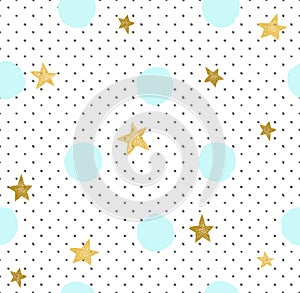 Hand drawn creative background. Simple minimalistic seamless pattern with golden stars and blue circles.