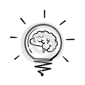 Hand drawn Creative idea doodle line icon. Brain in light bulb vector illustration. Thin sign of innovation, solution, education