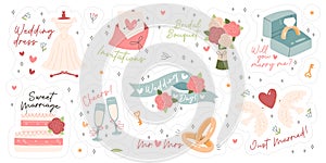 Hand drawn creative wedding stickers set with text, marriage ceremony accessories attributes