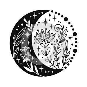 Hand drawn crescent moon with flowers and floal elements.