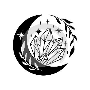 Hand drawn crescent moon with quartz crystals.