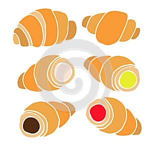 Hand drawn croissants with various fillings in a flat design on