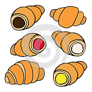 Hand drawn croissants with various fillings in a flat design.