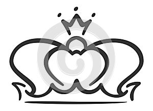 Hand drawn crown featuring heart shaped details, symbolizing royalty, power, and authority, set against a clean white background photo