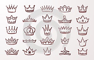 Hand drawn crown set. Sketch queen or king beauty doodle crowns. Vector vintage ink Jewel tiara isolated icons