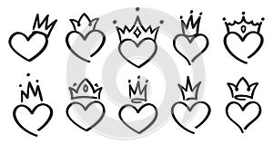 Hand drawn crowned hearts. Doodle princess, king and queen crown on heart, sketch love crowns vector illustration set