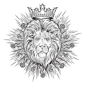 Hand drawn crowned lion head in sun rays isolated over white background