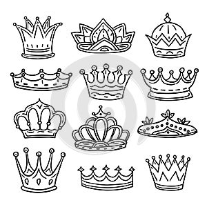 Hand drawn crowns. King, queen doodle crown and princess tiara. Vintage royal sketch isolated vector icons