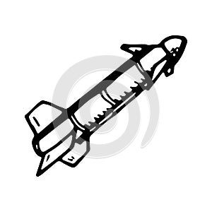 Hand Drawn cruise missile doodle. Sketch style icon. Military decoration element. Isolated on white background. Flat design.