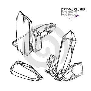 Hand drawn crystal cluster. Vector mineral illustration. Amethyst or quartz stone. Isolated natural gem. Geology set