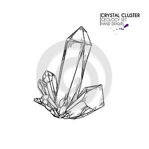 Hand drawn crystal cluster. Vector mineral illustration. Amethyst or quartz stone. Isolated natural gem. Geology set