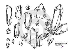 Hand drawn crystal cluster. Vector mineral illustration. Amethyst or quartz stone. Isolated natural gem. Geology set