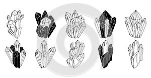 Hand drawn crystals, gemstones isolated clipart, diamonds black and white line collection