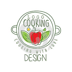 Hand drawn culinary logo design with pepper in a pan and cooking with love lettering. Creative line label for cafe, food