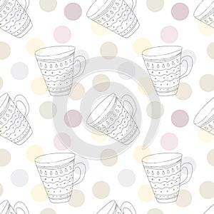 Hand drawn cup seamless pattern. Circles background and teacups vector pattern.