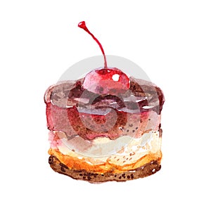 Hand drawn cupcake with cherry and chocolate, watercolor illustration, isolated on white background