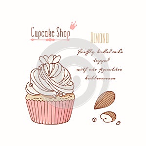 Hand drawn cupcake with doodle buttercream for pastry shop menu. Almond flavor