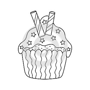 Hand drawn cupcake isolated element. Black and white print. Cute doodle dessert