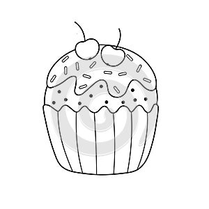 Hand drawn cupcake isolated element in black and white. Sweet dessert coloring pag?