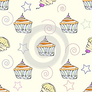 Hand drawn cupcake seamless pattern