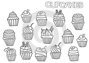 Hand drawn cupcakes set. Coloring book page template. photo