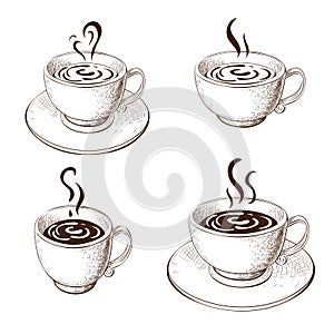 Hand drawn cups of coffee or tea with saucer isolated on white. variety coffee mugs sketch. Engraved vector illustration