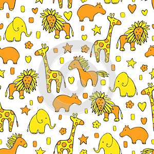 Hand drawn cute animals. Vector  pattern