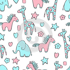 Hand drawn cute animals. Vector pattern