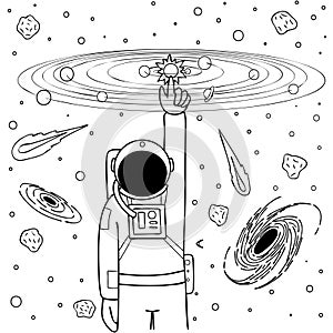 Hand drawn cute astronaut touch then sun and balance the solar system, design for design element and coloring book page for kids a