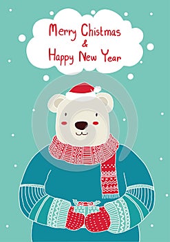 Hand drawn cute bear holding gift box for Christmas card templates. Christmas Poster,Vector illustration. Template for Greeting Sc