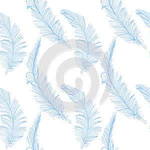 Hand drawn cute blue feather on white seamless pattern.