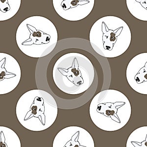 Hand drawn cute Bull terrier dog face breed in polka dot seamless vector pattern. Purebread pedigree puppy domestic on photo