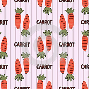 Hand drawn cute carrot on stripe seamless pattern. Vector farm fresh produce background. Farmers market vegetable. Typography text