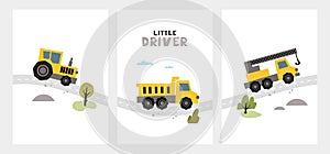 Hand drawn cute cars - Truck, tractor, cargo crane in road with text Little Driver. Vector set with cute cars for posters, fabric