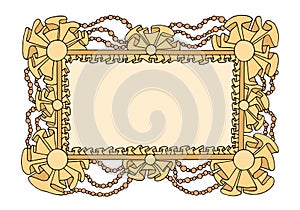 Hand drawn cute cartoon frame with textile frills, pearls and beads