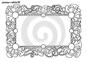 Hand drawn cute cartoon frame with textile ruffles, frills, pearls and beads.