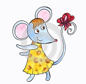 Hand drawn cute cartoon little blue mouse with a bow in a yellow dress