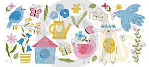 Hand drawn cute cat, birds and butterflies with spring flowers doodle design vector illustration