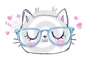 Hand Drawn Cute Cat with glasses. Design sketch cat, children print on t-shirt girl