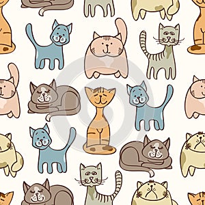 Hand drawn cute cats seamless pattern - pets seamless background