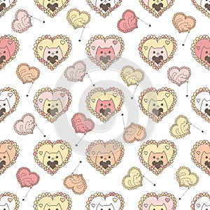 Hand drawn cute cats and tiny hearts romantic valentine day vector seamless pattern