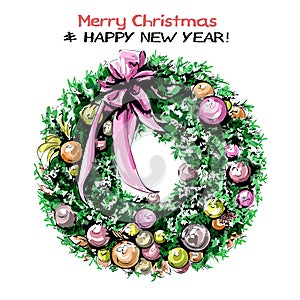 Hand drawn cute Christmas wreath with ribbons, balls and bow. Beautiful nobilis-fir wreath.