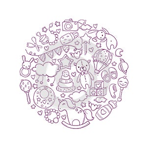 Hand drawn cute circle template with baby toys